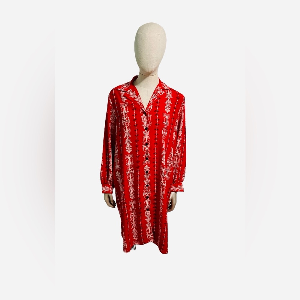 Vintage Schrader Red V-Neck Shirt Dress with Unique Floral Pattern Size 8